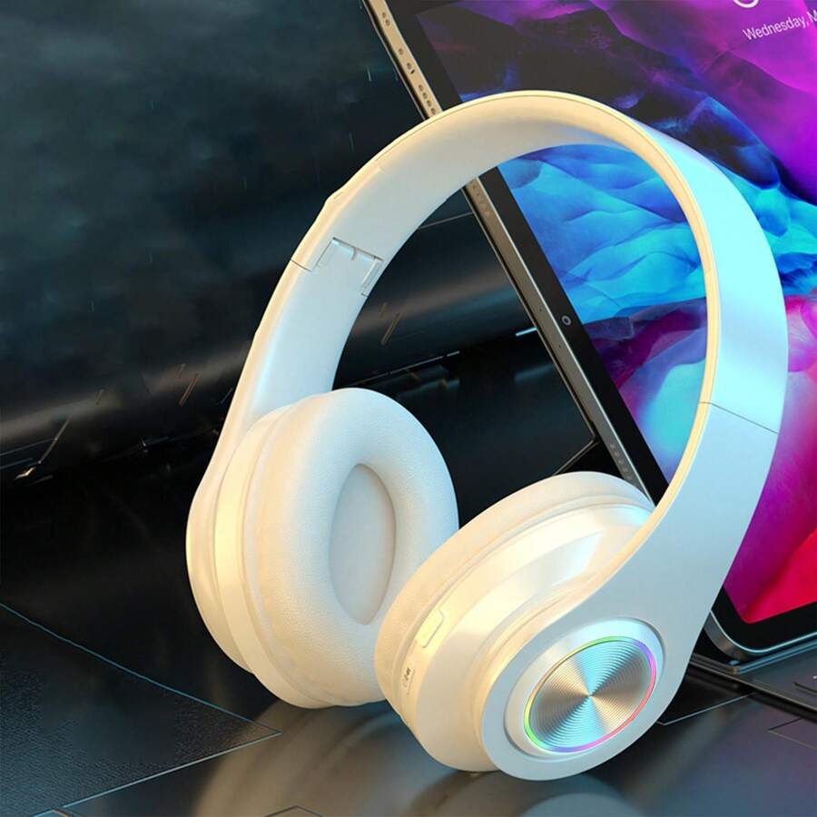 Wireless Headphones With Colorful LED Lights, 2025 New Comfort Foldable Over Ear Headset With Built-In Microphone, SD Card Slot, Active Noise Cancelling, Deep Bass Stereo, Long Standby Time, Gift For Game/Birthday/Valentine's Day/Boy/Girlfriends - 白色 - 查看 1