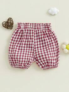 Toddler Baby Girl Bloomers Shorts Plaid Print Diaper Covers Elastic Waist Ruffled Detail Short Pants For Summer Holiday - Red - View 1