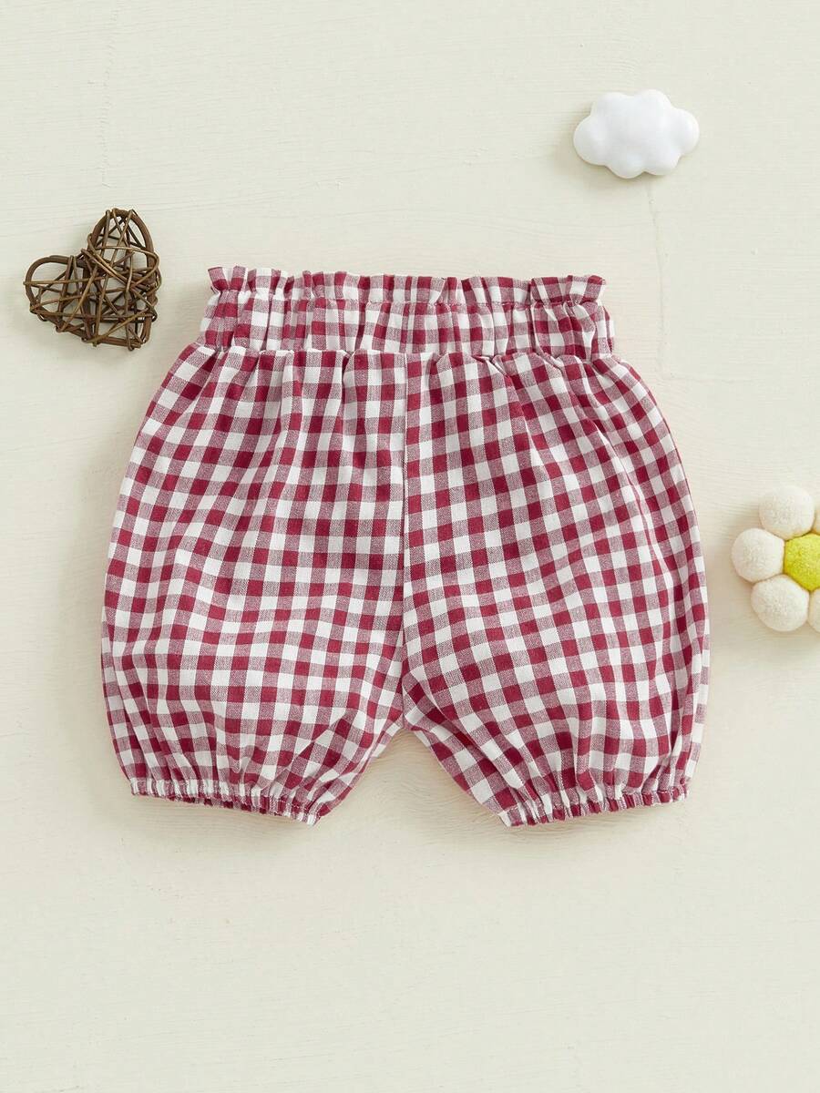 Toddler Baby Girl Bloomers Shorts Plaid Print Diaper Covers Elastic Waist Ruffled Detail Short Pants For Summer Holiday - Red - View 1