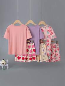 3pcs Girls Sleepwear Set, Pure Cotton Short Sleeve Top And Shorts, Cute Cartoon Design, Lightweight - Multicolor - View 2