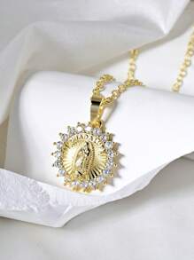 1pc Elegant Virgin Mary Women's Pendant Necklace,14K Gold Plated Stylish Round Sun Pendant With Micro-Set Shiny Zirconia,Guadalupe Script,Religious Believer Jewelry.Perfect For Daily Wear,Layering,Vacation,Holidays,Weddings And Prayers.Perfect Gift For Your Girlfriend,Friend,Mother.