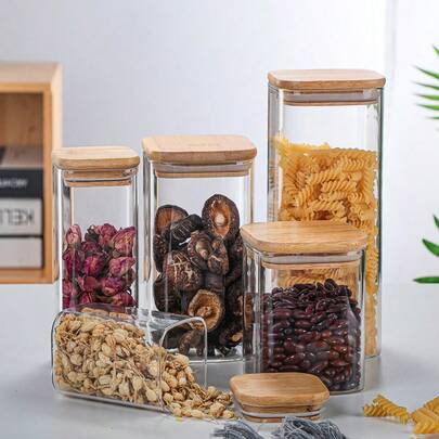 Square Bamboo Lid Glass Storage Jar, Transparent Airtight Canister For Coffee Beans, Grains, Nuts