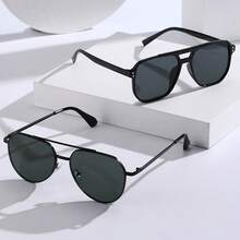2 Pairs Men's Geometric Double-Bridge Colorful Lens Fashion Glasses, Retro Style, PC Polycarbonate Frame And Lenses, Suitable For Music Festivals And Street Fashion Occasions - Black-2pcs - View 2