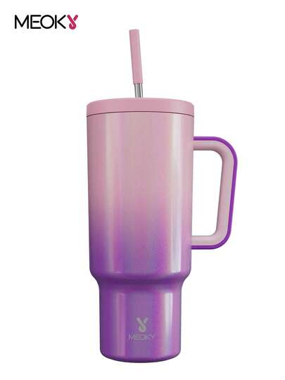 Botella de agua aislada al vacío de 40 oz/1.2 L con asa, vaso de viaje de acero inoxidable, tapa y pajita a prueba de fugas, mantiene frío hasta 34 horas o caliente hasta 10 horas (Degradado morado)