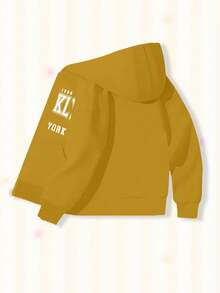 秋冬新品，儿童柔软棉质休闲街头风连帽外套，男女款宽松透气拉链连帽衫，带口袋，创意城市名称标语图案印花 - 芥末黃 - 查看 3