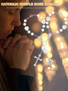 1 pieza Rosario para auto de ABS con espejo, cuentas para el espejo retrovisor, medalla de rosa, cuentas de oración católicas, decoración de interior, accesorio colgante de cruz para mujeres y hombres - Multicolor - Ver 5