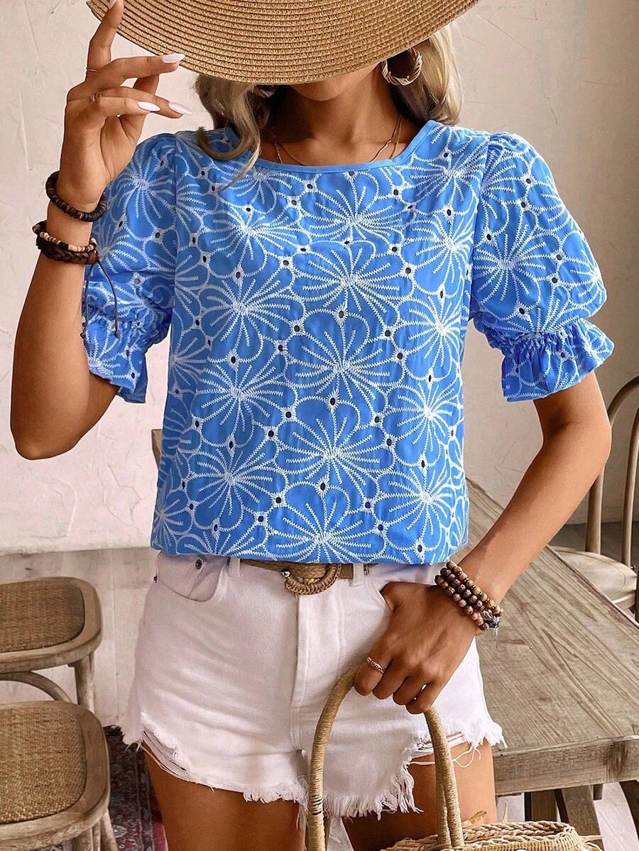 Acelitt Sky Blue Floral Embroidery Ruffle Hem Petal Sleeve Blouse, Summer - Blue - View 1