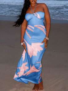 Digital Print Sleeveless Halter Neck Backless Fitted A-Line Dress, Party Dress, For Cocktail - Blue - View 4