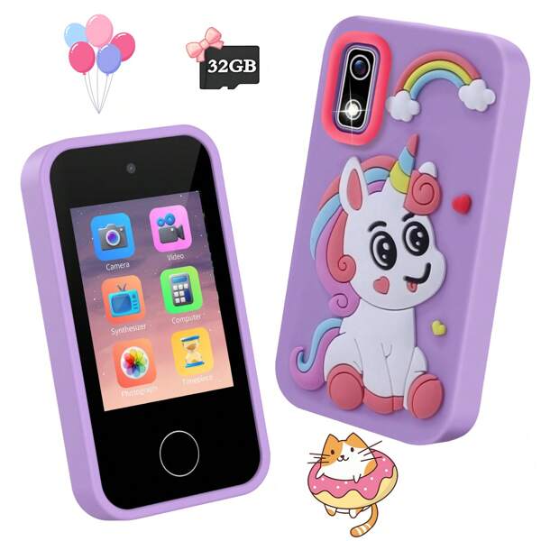Kids Smart Learning Phone, Cartoon Touchscreen Toy With Music Player, Games & Selfie Camera, Perfect Christmas & Children's Day Gift For Boys & Girls Ages 3-12 (With A 32GB Card)