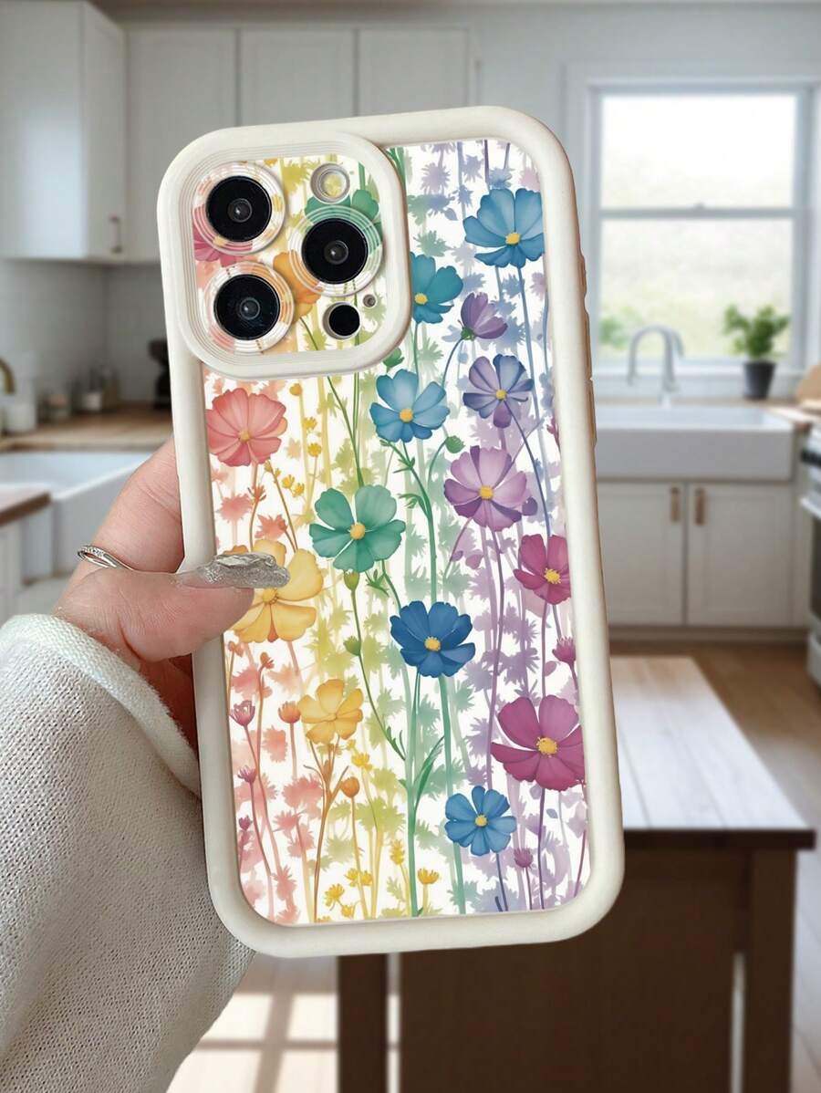 1pc Gradient Floral Pattern Camera Lens Protection Thick Shockproof Milky White Phone Case Suitable For IPhone 11 Pro Max/12 Pro Max/13 Pro Max/14 Pro Max/15 Pro Max/16 Plus/16 Pro Max, 16E, Galaxy A55/A15/S24 Ultra, Redmi, OPPO/Realme, VIVO, Infinix, Honor, MOTO, OnePlus