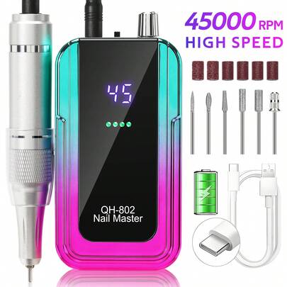 45000转/分钟电动指甲打磨机，带液晶显示屏，可充电，适用于凝胶美甲抛光，家用及美甲沙龙均可使用。
