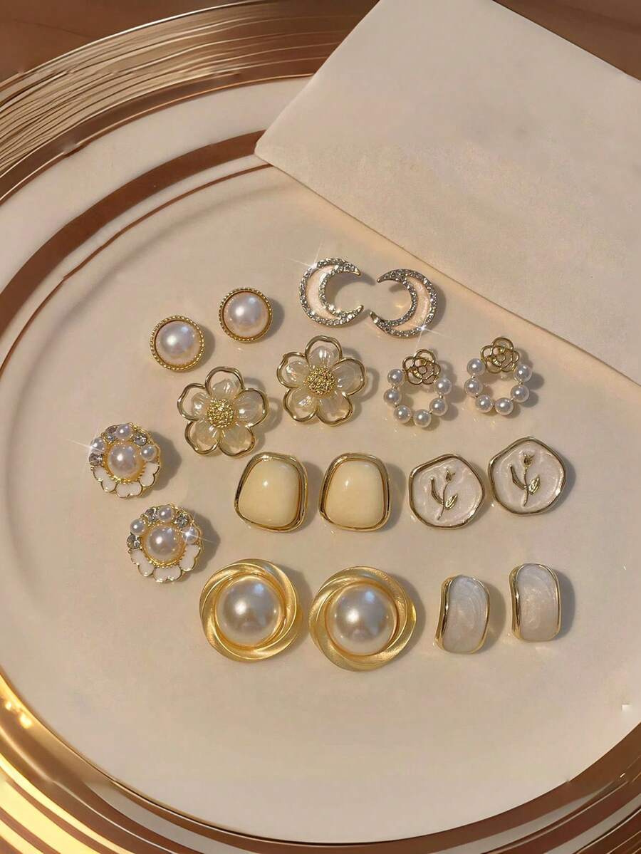 9 件套优雅简约月光月亮贝壳花耳环，人造珍珠精致迷人几何水晶吊坠耳环套装，适合女士日常和节日佩戴 - 套裝A款 - 查看 1