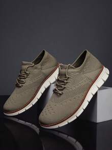 Men's Casual Sports Shoes, Simple Solid Color, Soft Sole, Mesh Breathable, Anti-Sweat, Extra Wide And Thick, Comfortable Lace-Up Socks Shoes, Outdoor Sport, Lightweight Casual Shoes, Plus Size 47, Loose Design, Spacious Toe Box, Absorbent, Comfortable Leisure Sports Sneakers - Khaki - View 3