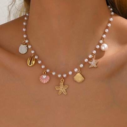 1 chiếc Vòng cổ ngọc trai giả vỏ sao biển vàng cho nữ Vòng cổ hạt vỏ sò Bohemian Bãi biển Hawaii Ngày lễ Phụ kiện trang sức phù hợp cho kỳ nghỉ bãi biển mùa hè Phù hợp