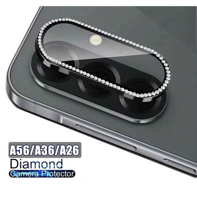 1 pieza Película de lente de metal con decoración de rhinestone compatible con Galaxy A56/A36/A26, protector de lente resistente a golpes y rayones, disponible en opciones de color: Colorido/Plateado/Negro/Rosa/Morado/Azul/Dorado, regalo para cumpleaños, familia, amigos, cristal brillante, protector de lente, accesorios para teléfono, a prueba de agua, anti-caída, anti-huellas dactilares, cubierta completa