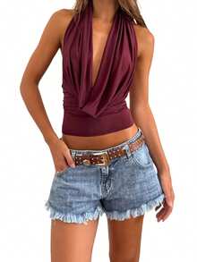 Women Y2k Halter Neck Tank Tops Summer Sleeveless Backless Cowl Neck Crop Tops Slim Fit Ruched Shirts Vintage Deep V Neck Cami Vest Going Out Tops Party Clubwear Fairy Grunge Gothic Graphic Printed Aesthetic Clothes - Burgundy - View 2