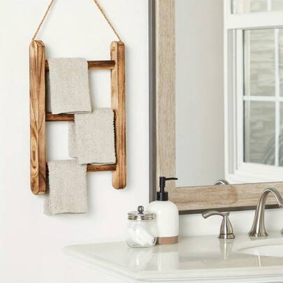 Rustic Farmhouse 3-Tier Solid Wood Ladder Towel Rack - Natural Rope Accents, No-Drilling Wall-Mounted Bathroom Storage - Holds 3 Bath/Hand Towels, Vintage Style For Rustic Decor Back To School