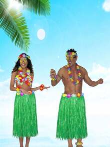 5pcs-Hawaiian Grass Skirt Lei,Hawaiian Hula Skirt Tropical With Hawaiian Wreath ,Hula Skirt Kit For Hawaii Luau Party - Dancing Hula With Flower, Hawaiian Lei For Tropical Parties, Hawaiian Party Gift Ideas Gift Party Decoration Hula Skirt Hula Dance Show With Wreath Hula Skirt,Party Decorations, Hawaiian Party Supplies Tropical Beach Party, Creative Gifts & Home Decor. - Green - View 2