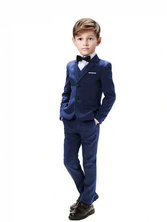 Boys Suits 5-Pieces Suit Set Toddler Tuxedos Dresswear Ring Bearer Outfit Wedding Blazer Vest Pants Shirts Tie Formal Suits For Kids Navy Blue Size 4-16Y