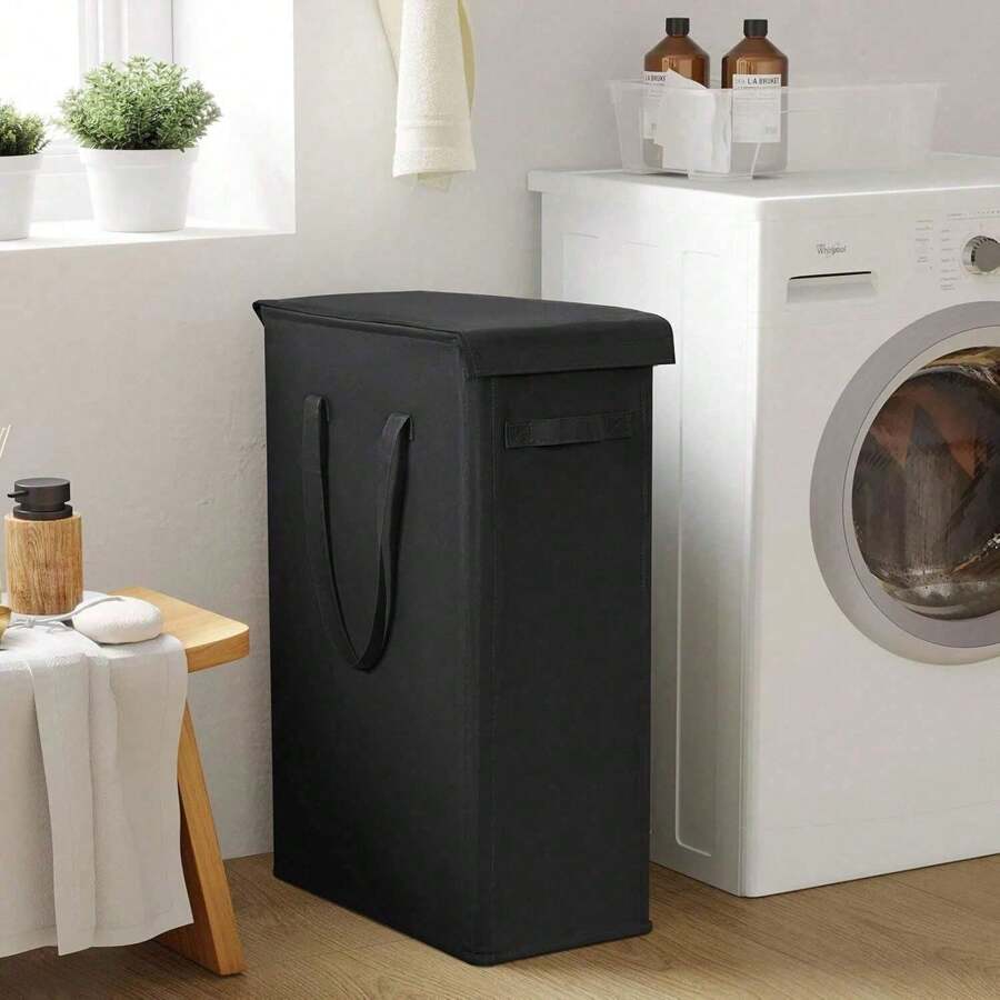 60L Thin Clothes Basket With Lid, Narrow Clothes Basket With Handle, Foldable Portable Clothes Storage Basket, Clothes Basket, Laundry Basket, Bathroom Organizer, Basket, Storage Basket, Foldable Clothes Basket - Black - View 1