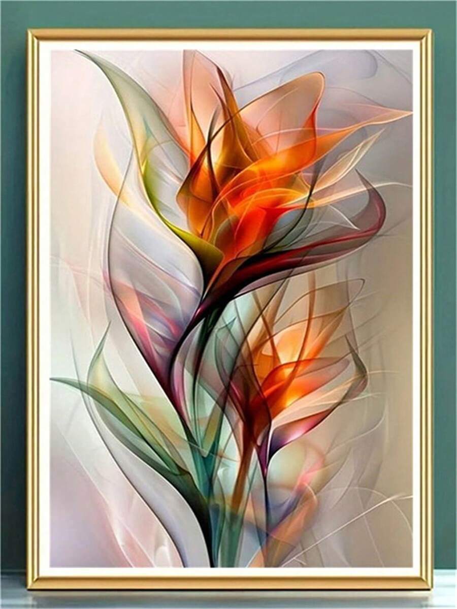 5D 鑽石畫套件－鮮豔抽象花卉圖案，紅色、橘色與綠色旋渦，壓克力材質，簡易 DIY 家居裝飾手工藝，生日禮物與創意愛好者首選，極簡奢華牆面藝術繪畫