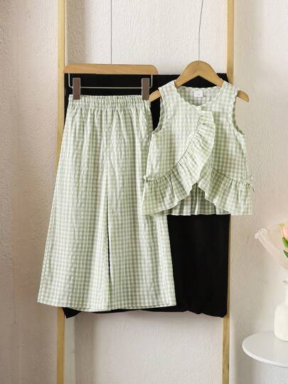 4-7 Years Old Girls Plaid Print Vest Top And Long Pants Casual Summer Outfit