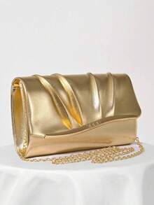 Fashionable Women's PU Pleated Design Evening Clutch Bag, Party/Wedding Shoulder/Crossbody Chain Bag, Perfectly Matching With Prom Accessories - Gold - View 2