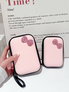 Shiny Rhinestone Bow Solid Color Large Capacity Data Cable Storage Bag, Suitable For Bluetooth Earphones, Wired Earphones, Chargers, Charging Cables, Portable Shockproof Zipper Storage Box, EVA Material, Ideal For Summer Vacation, Outdoor Activities, Essential For Cable Management And Travel - Multicolor - View 4