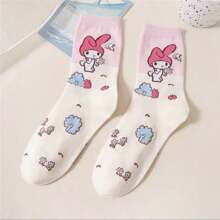 Sanrio 1Pair Sanrio Cute Cartoon Mid-Calf Socks For Women's- Soft, Comfortable Blend For All Seasons
