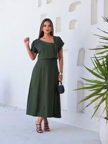 Skirt And Blouse Set In Twill Viscose Short Sleeve Blouse With Boat Neckline Midi Skirt With Flared Model With Pockets And Front Slit - Dark Green - View 4