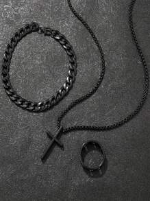 4pcs Hip-Hop Fashion Men'S Jewelry Set, Black Cross Necklace, Bracelet And Ring, The Best Jewelry For Gift Giving Christmas New Year Valentine's Day Holiday Gift