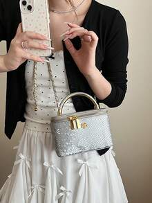 1pc Black Casual Versatile Handheld Square Bag, Fashion Embroidered Lattice Fabric, Suitable For Work Phone Lipstick Coin Storage Small Pouch - Silver - View 3