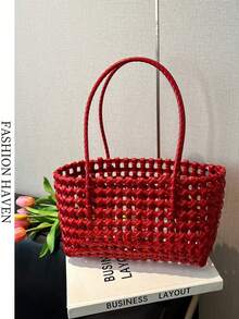 Hollow Straw Beach Bag, Woven Picnic Basket Tote, Women Casual Vacation Handbag - Multicolor - View 12