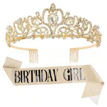 2pcs/Set Baroque Rhinestones Birthday Princess Queen Sash Ribbon Birthday Queen Crown Tiara Rhinestone Birthday Headbands Birthday Sash With Ribbon Pearl Pin Happy Birthday Crown And Sash Ribbon For Birthday Party Ball Decoration Bridal Tiara For 13th 16th 18th, 20th, 30th, 40th, 50th, And 60th 70th 80th Birthdays - Add A Touch Of Elegance To Your Party Decorations Party Supplies Ribbon