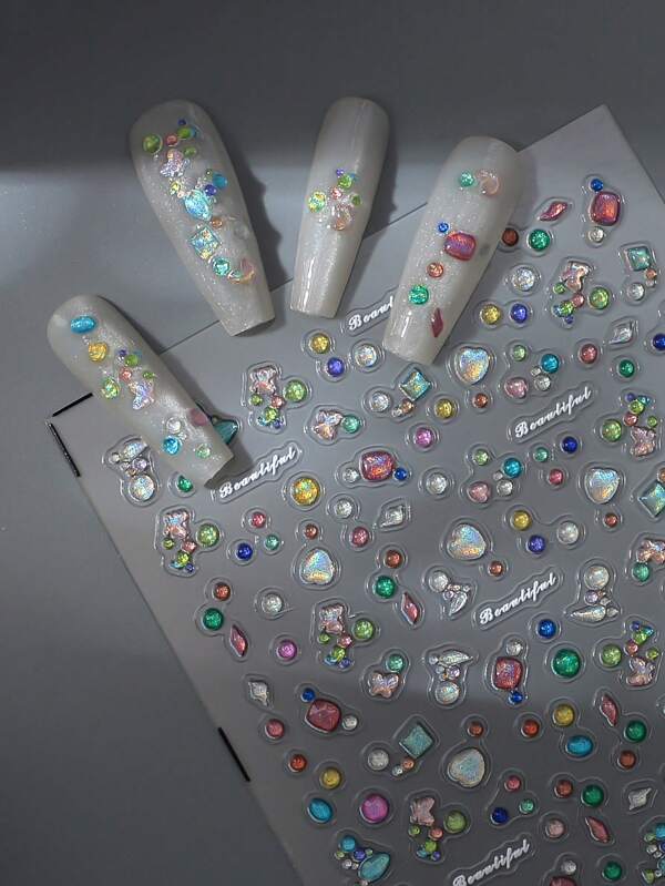 CoCo Notes 1 حبة ملصق أظافر 5D جيلي لامع بحجر كريم معدني، ملصقات ديكور أظافر بارزة 3D، ملصق أظافر إبداعي مقاوم للماء لل- DIY