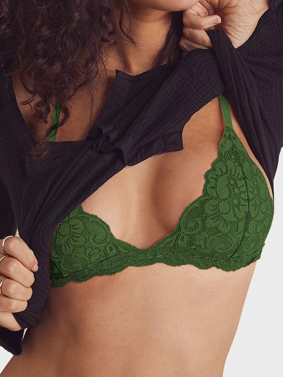 节日季超薄文胸，花卉蕾丝文胸，适合小胸女性，柔软无缝文胸，性感内衣，庆典 - 橄欖綠 - 查看 1