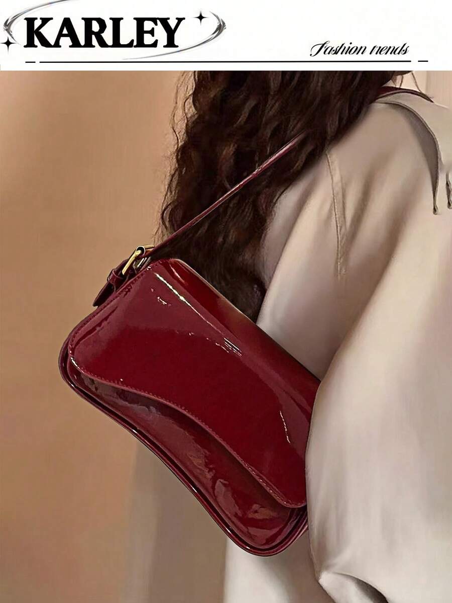 Burgundy Minimalist Solid Color Women's Shoulder Bag, Flap Shoulder Bag, Baguette Bag, Handbag, Underarm Bag, Square Bag, 1pc PU Leather Texture Bag, Patent Leather Crocodile Grain PU Material Fashion Multifunctional Elegant Sexy Suitable For Handheld, Shoulder, Work, Business, Commute, Outdoor, Travel, Bag Size: 27*15*6cm, Fashionable Burgundy Bag , Red Bag , Burgundy Bag - Red - View 1