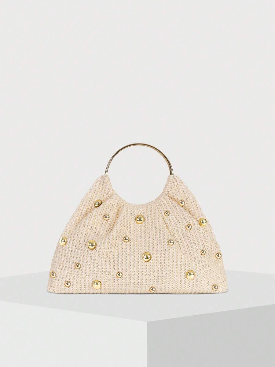 时尚女士手提包，铆钉装饰，褶皱草编包，编织钱包，夏季顶部提手包 - 米色 - 查看 1
