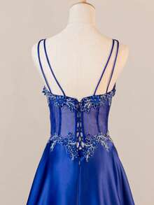 Navy Blue Vintage Sleeveless Deep V-Neck Luxury Lace Embroidery, Waist Mesh Hollow Out Semi-Sheer Dress, Full Hem, Elegant Birthday Or Evening Gown, Formal, Party Dress, For Wedding Guest