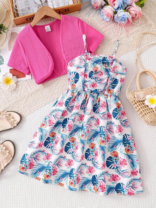 Set de 2 prendas de verano de moda para niñas: Chaqueta de punto corta de manga corta con rayas verticales + Vestido midi con tirantes finos y cinturón con estampado de hojas y flores, ropa casual, suave, versátil, deportiva y cómoda para exterior