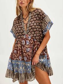 Womens Boho Floral Babydoll Mini Dress Y2k Deep V-Neck Puff Sleeve Ruffle Hem Flowy Short Dress Cute Summer Patchwork Going Out Dresses Loose Beach Vacation Sundress - màu nâu - Xem 1