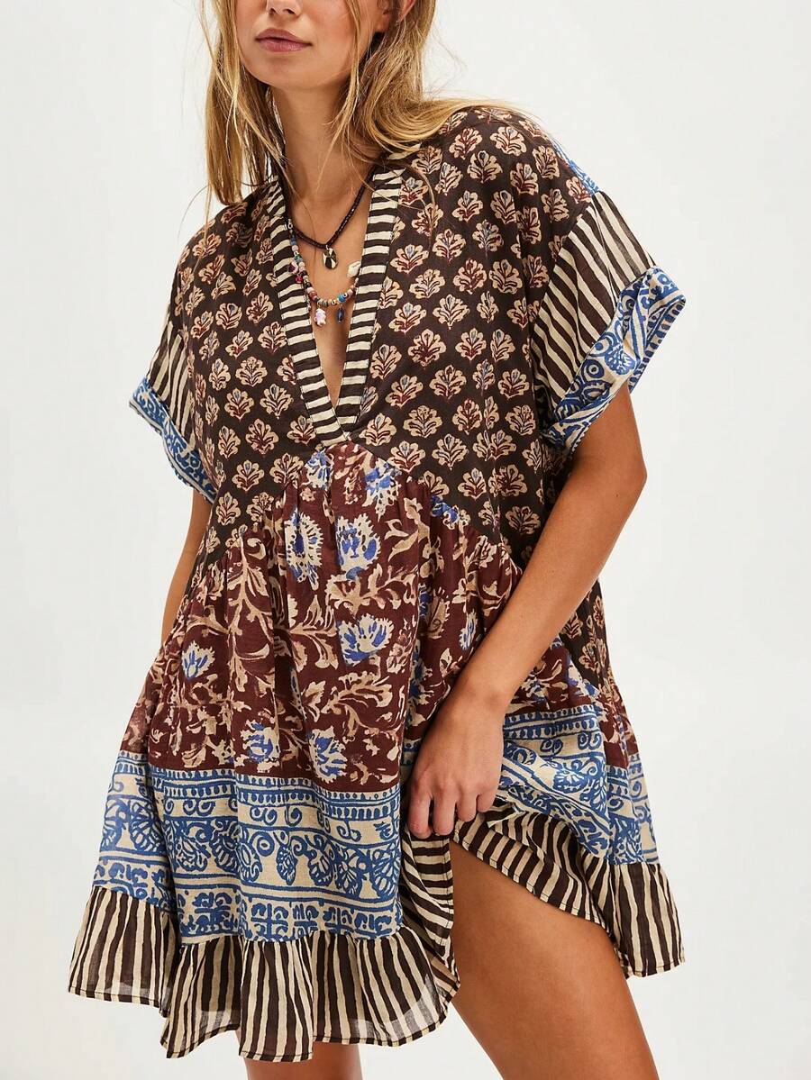 Womens Boho Floral Babydoll Mini Dress Y2k Deep V-Neck Puff Sleeve Ruffle Hem Flowy Short Dress Cute Summer Patchwork Going Out Dresses Loose Beach Vacation Sundress - màu nâu - Xem 1