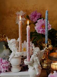 1pc Embossed Long-Pole Wedding Candle With A Bow Candle Stand, Retro Engraved Candle Decoration, French Decoration, Available In Multiple Colors Such As Pink, Blue, White And Green, Wedding Decoration, Home Decoration, Shooting Props, Romantic Candlelight Dinner Decoration, A Gift For Mom