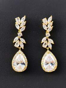 2pcs/Set Fully Rhinestone Embedded Geometric Teardrop Cubic Zirconia Dangle Earrings, Women's Formal Dress Accessories