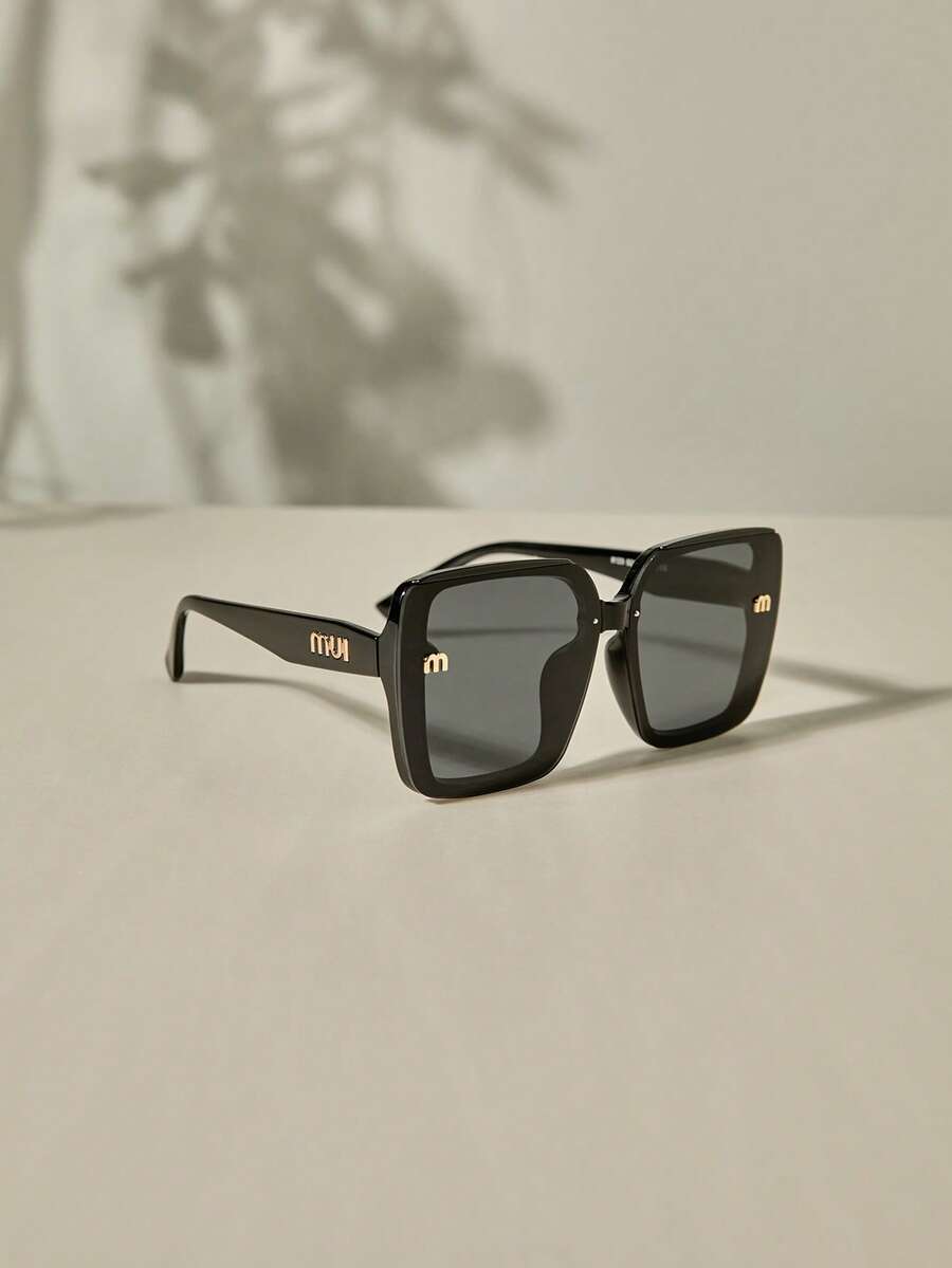 大框黑色圆框时尚眼镜，大脸时尚眼镜，2024新款时尚优雅高端方形闪亮眼镜，附赠黑色眼镜盒，圣诞节冬季圣诞礼物 - 黑框灰片 - 查看 1