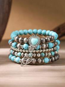 5 pièces Bracelets élastiques de style bohème classique empilables avec perles en forme de cœur en imitation turquoise, tressés à la main, convenant à tous, pour le quotidien et les vacances