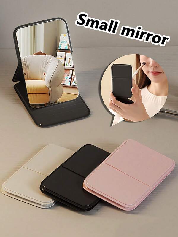 1pc Foldable Portable Makeup Mirror With Stand, Travel Mirror, Beauty Tool, Tabletop Vanity Mirror, Polyurethane Leather Small Mirror, Minimalist PU Leather Design, Compact Folding Travel Makeup Mirror, Travel Essential, Bedroom, Dorm Necessity, Ladies/Girls Gift, Christmas/Birthday Present, Bohemian Style