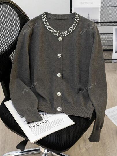GIGOGOU Lässige Strickjacke mit Strass Dekor Einfarbig, Herbst/Winter
