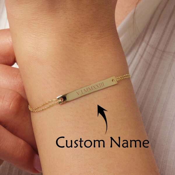 Pulseira de barra de ouro, pulseira de barra personalizada, pulseira com nome personalizado, pulseira gravada para mulheres, pulseira da amizade, presente de Dia das Mães