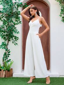 女士婚礼其他服装 V 领吊带百褶修身连体裤